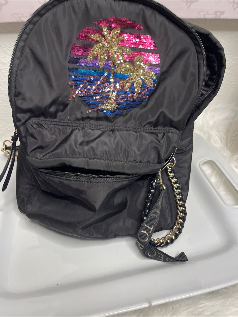 Victoria's Secret Black Sequin Palm Accent Backpack - Picture 6 of 7